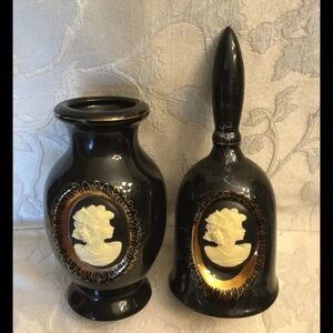 Vintage Porcelain Black White Gold Cameo Set Bell & Vase Japan
